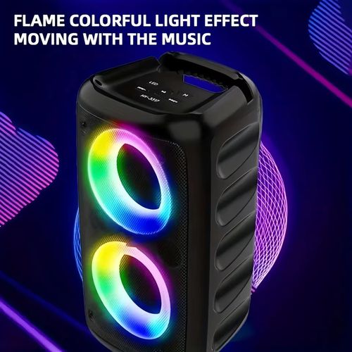 Energia para a festa! Esse alto-falante Bluetooth possui dois alto-falantes de 5W + som surround. Ouvir música é como estar no local de verdade. Ele vem com um microfone + um suporte giratório para o celular, permitindo que você comece a cantar a qualquer momento. As luzes coloridas dançam junto com o ritmo, tornando-o indispensável para eventos noturnos. É à prova de choques, resistente à água e tem uma bateria de 8 horas. É adequado para piqueniques, acampamentos e festas em família.