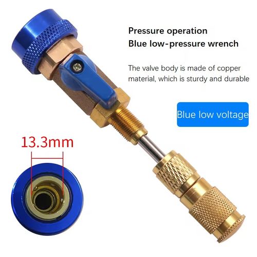 Ferramenta de remoção de carretel de ar condicionado automotivo. A diferença entre vermelho e azul corresponde às interfaces de alta e baixa pressão. Feito de liga de alumínio e latão, leve e durável. Alça antiderrapante para operação com uma mão. O carretel de furo profundo também pode ser facilmente desmontado e montado. Adequado para pino ejetor sem danos ao tubo. A carga e a manutenção do líquido refrigerante podem ser concluídas em apenas 1 minuto.