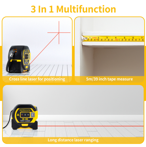 O medidor de distância a laser infravermelho três em um integra funções de medição de distância, medição de ângulo e medição de área.  O laser infravermelho captura com precisão o alvo e pode exibir os resultados da medição com apenas um clique, de forma rápida e precisa!  É portátil e pode ser usado para decoração de casa e medição de engenharia.  Diga adeus aos cálculos complicados e lide facilmente com todos os tipos de necessidades de medição.
