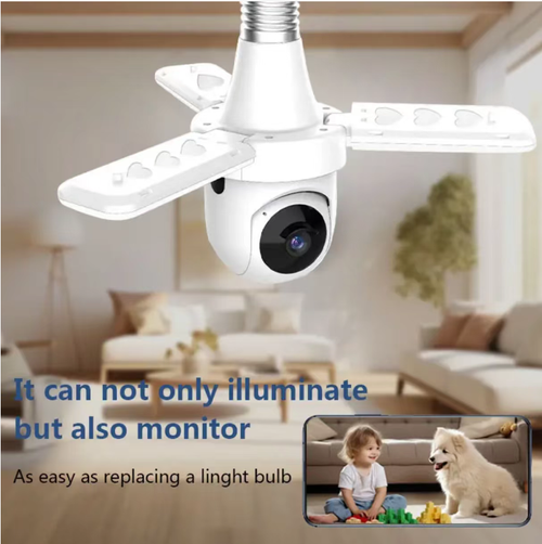 Câmera bulbo estilo ventilador, 1080P full HD + visão noturna colorida, panorâmica de 360° sem pontos cegos.  Comunicação remota de áudio bidirecional.  Iluminação sem fio pronta para uso na instalação.  Também equipado com um ventilador silencioso.  Controle com um clique via aplicativo móvel.  Funções integradas para segurança, iluminação e ventilação.  Escolha esta opção para proteção doméstica inteligente.