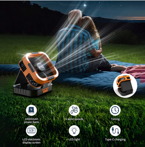 Este ventilador de acampamento solar dobrável integra 6 configurações de ventilador ajustáveis, uma luz LED e uma bateria de carregamento de 10000mAh.  Ele suporta energia solar + carregamento rápido USB e é dobrável e portátil.  É uma ferramenta legal e conveniente para cenários ao ar livre, como acampamentos e piqueniques.