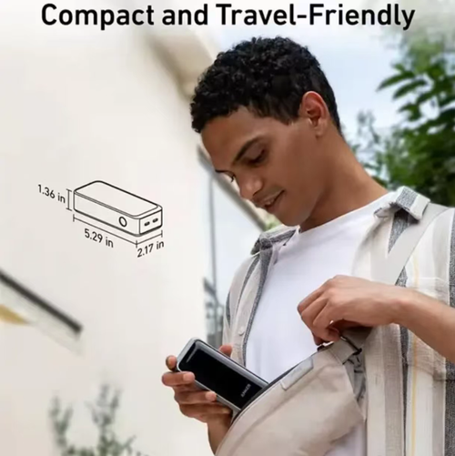 Esta bateria portátil de 65W com carregamento rápido dois-em-um, com carregador embutido,resolve todos os problemas de carregamento durante a viagem.  É tanto um carregador de parede quanto um power bank portátil, permitindo que você diga adeus à ansiedade dos cabos e tomadas, e carregue seus dispositivos a qualquer hora e em qualquer lugar.  Deixe você se despedir das preocupações com cabos e tomadas, e recarregar seus dispositivos a qualquer hora e em qualquer lugar.