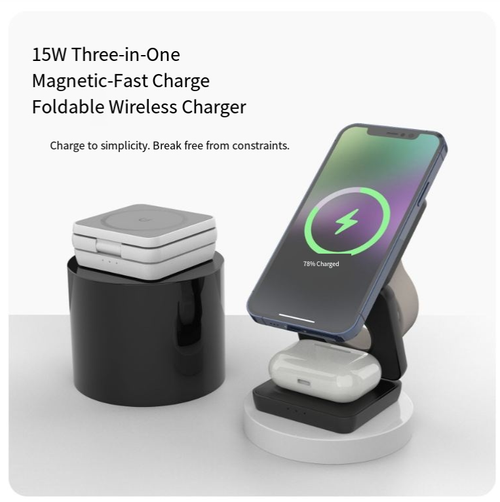 Este carregador sem fio magnético dobrável três em um possui carregamento magnético rápido preciso que se conecta com segurança.  É dobrável e portátil, e pode ser ajustado em vários ângulos para se adequar a vários cenários.  É compatível com vários dispositivos, como telefones celulares, fones de ouvido e relógios, proporcionando carregamento seguro e rápido.  É a solução de carregamento tudo-em-um para suas necessidades móveis de trabalho e viagens.