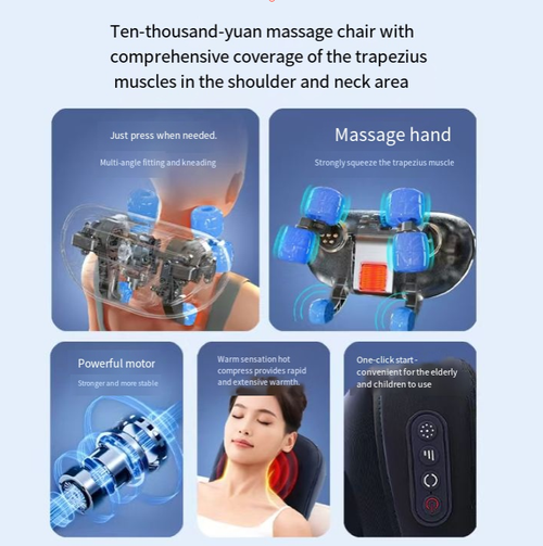 A cabeça de toque suave 6D imita a massagem do músculo trapézio pela mão humana.  Ele oferece suporte reverso sem pressionar o braço.  Oferece compressa quente de grande área para aquecimento rápido dos músculos.  Ele pode ser iniciado com um único botão.  Possui 3 configurações de adaptabilidade da força, adequadas para todas as idades.  Pode ser usado em escritórios, residências e veículos.  Pode aliviar os ombros rígidos causados por sentados prolongados em poucos minutos.