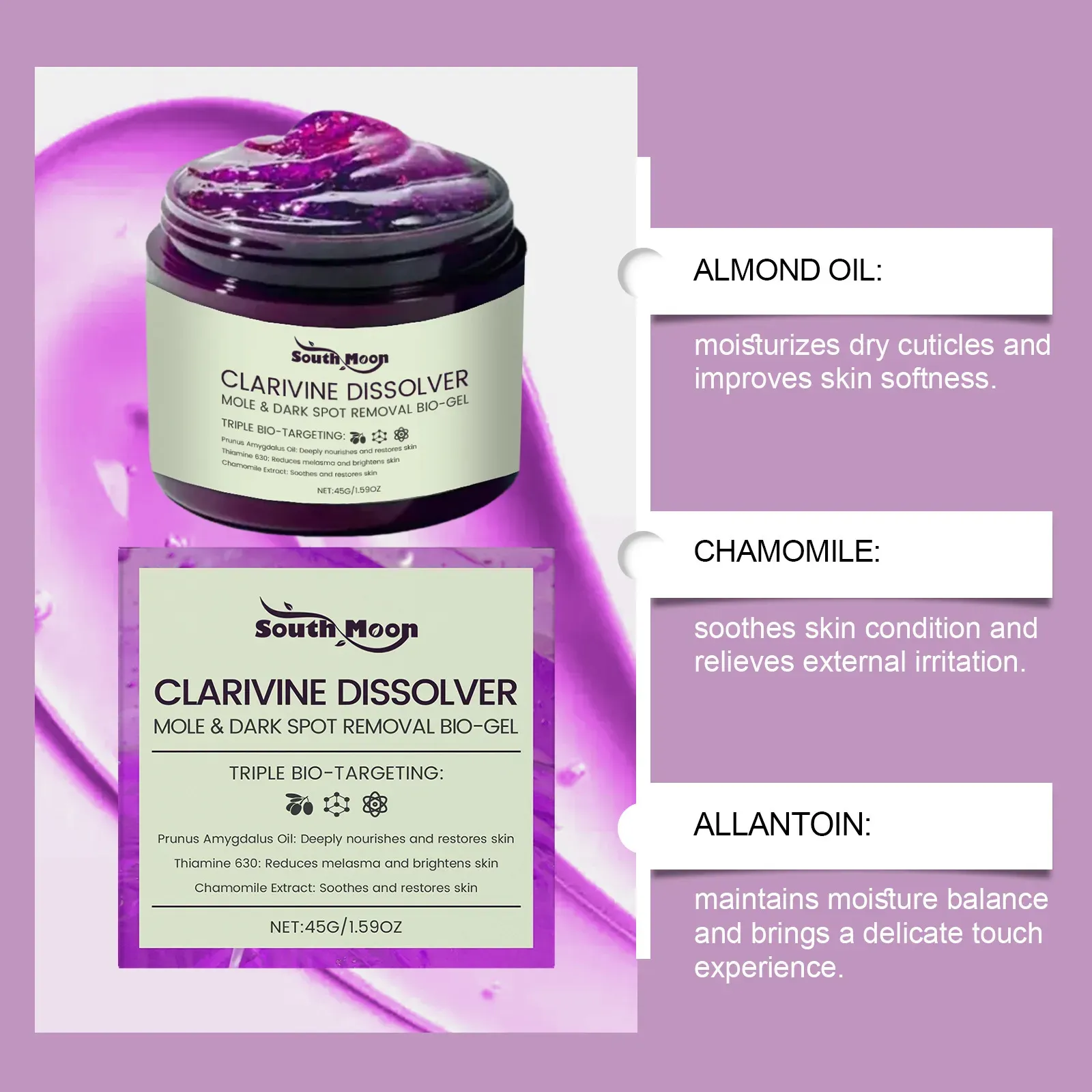 Faça o pedido hoje e você receberá 2 frascos do gel hidratante para remoção de verrugas e para o corpo calmante.  Este é um curso de tratamento.  Você verá o efeito depois de usá-lo.  É composto por óleo de amêndoas, ácido hialurônico e camomila, com múltiplas funções.  A textura é leve e fácil de usar.  É refrescante e não oleosa.  É fácil de limpar e não dá pressão.  A especificação de 45 gramas ajuda a deixar a pele lisa e brilhante.