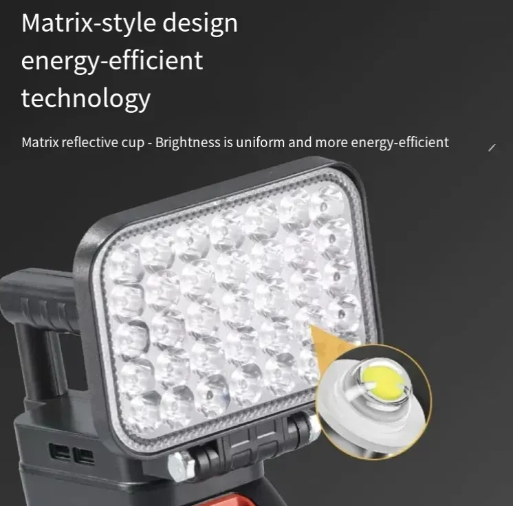 Esta lâmpada de trabalho com bateria de lítio de 55 contas possui contas de lâmpada LED estilo matriz com alta eficiência energética e iluminação brilhante.  Possui portas de carregamento USB duplas e uma alça atualizada com ajuste de vários ângulos, permitindo uma alternância suave entre luz próxima e distante.  É adequado para vários cenários, como reparo de automóveis e uso externo, e é uma fonte de luz versátil e móvel para ambientes escuros.