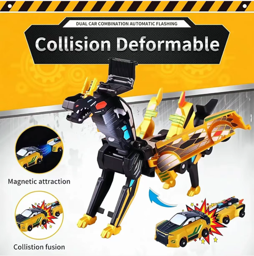 Dois carros colidem e o conector magnético se junta, transformando-se instantaneamente em um cavalo voador legal e ativando efeitos de iluminação.  A jogabilidade é inovadora.  O material ABS ecologicamente correto é resistente a choques e não possui rebarbas.  Ajuda a melhorar a coordenação motora e o pensamento espacial.  Ele permite a interação para dois jogadores e é a escolha preferida para crianças brincarem ou como presente.