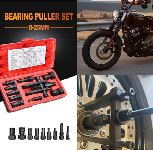Conjunto de rolamentos de motocicleta com 10 peças, adequado para motocicletas, scooters e motocicletas elétricas.  Inclui múltiplas especificações de garras de travamento, bielas superiores e pode desmontar e montar com precisão cubos de roda e rolamentos de motor.  Feito de aço de alta resistência, ele não escorrega e não danifica as peças, mesmo com operação forçada.  Iniciantes podem completar em 10 minutos.  Economiza tempo e manutenção de casa.  Essencial para motociclistas e oficinas.