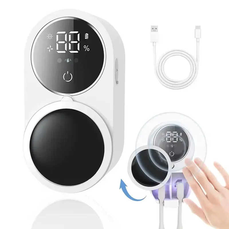 Desinfetador de escova de dente com sensor inteligente.  Pressione sua mão para abrir.  O sensor infravermelho de 5-7cm abre e fecha automaticamente, sem toque e suave.  Duas xícaras podem guardar as escovas do casal.  Desinfecção UV + circulante, até mesmo as bactérias nas cerdas são eliminadas.  Ele gruda na parede sem ocupar espaço.  Vem com bandeja de gotejamento e tela digital.  Adicione ao banheiro, e suas escovas de dentes estarão sempre em perfeitas condições depois de desempacotadas.