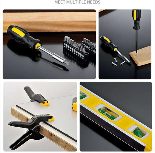 Conjunto de kit de reparo de hardware de 158 peças, cobrindo ferramentas elétricas, de carpintaria e reparo de hardware.  Feito de materiais de alta qualidade, é durável e fácil de usar.  Possui armazenamento compartimentado e é portátil para fácil transporte.  Ele pode lidar com reparos domésticos, artesanato criativo e manutenção de propriedades, tornando-o um baú de ferramentas abrangente para uso diário em casa.