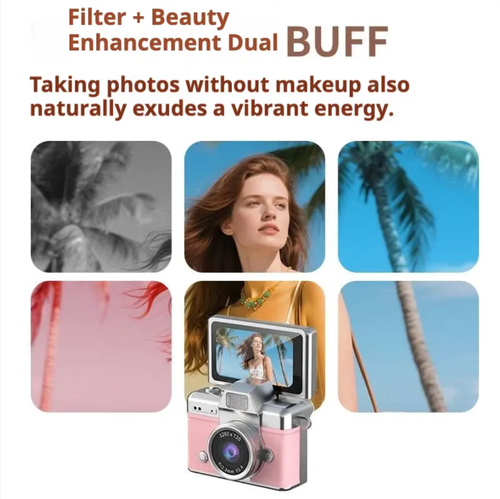 Câmera Retrô Mini Flip: Corpo texturizado em couro com acabamento metálico, do tamanho da palma da mão para acessórios de moda fáciles.  Tela flip de 180° para selfies sem esforço,Lente anti-tremor de alta definição captura momentos diários.  Selfies com aparência natural também podem alcançar texturas vívidas.  É só guardar no bolso e registrar o romance da vida a qualquer momento.  É tanto uma ferramenta de tiro quanto um item de moda auto-atmosférico, com uma atmosfera.