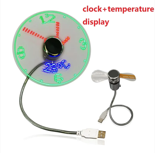 Esse ventilador USB mini é incrível!  As pás giratórias do ventilador são acompanhadas por uma tela colorida.  Ele não só mostra o tempo, mas também mede a temperatura.  A aparência é moderna e estilosa.   O tubo em forma de cobra pode ser facilmente dobrado em qualquer ângulo, e é confortável ao soprar na face ou na mesa.  Ele pode ser conectado a um computador ou a um power bank e usado imediatamente.  Pode ser levado com você ao trabalhar, se deslocar ou em um dormitório.