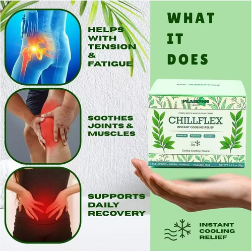 O Creme Refrescante Vegetal CHILLFLEX, com uma fórmula à base de plantas,proporciona refrescamento instantâneo e alívio revigorante.Adequado tanto para rejuvenescimento pós-treino quanto para relaxamento diário.Faça o pedido hoje e receba 4 garrafas de presente.  Use de manhã e à noite.Este produto alivia efetivamente a dor nas articulações e músculos,restaura flexibilidade, conforto e vitalidade.  Faça a compra agora e deixe o poder das ervas se tornar sua estação de recarga para corpo e mente!