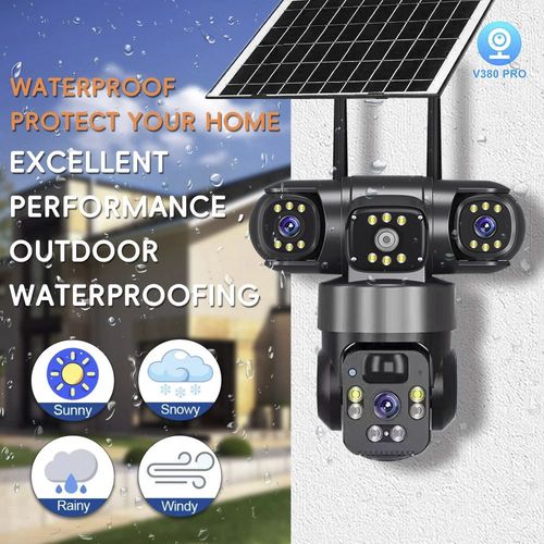 V380 Real Triple-Lens Triple-View 900W Panoramic 4G Home Surveillance Solar Camera