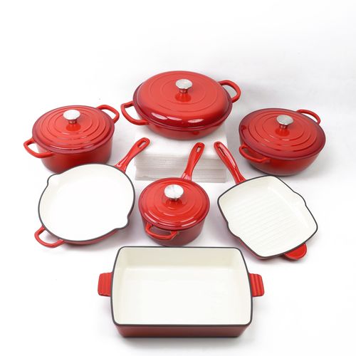 11PCS Enamel Cast Iron Cookware Set 🍳 7 Pots – Casserole, Seafood Pot, Frying Pan, Baking Tray & Milk Pot!