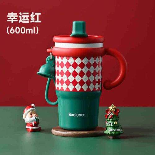 Christmas Thermos Cup Festive Christmas Stainless Steel Tumbler - 2 Drinking Ways, 360° Leakproof, Portable with Dust Cover & Handle