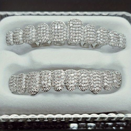 14K Real Gold Plated Copper Rap Diamond Teeth Grillz