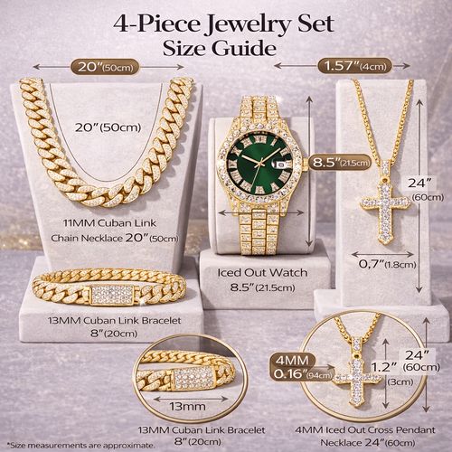🔥🔥Men's Iced Out Cuban Link Chain & Green Dial Watch Bracelet Jewelry Set