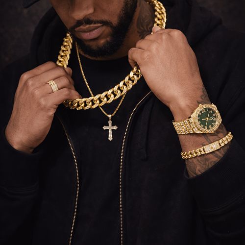 🔥🔥Men's Iced Out Cuban Link Chain & Green Dial Watch Bracelet Jewelry Set