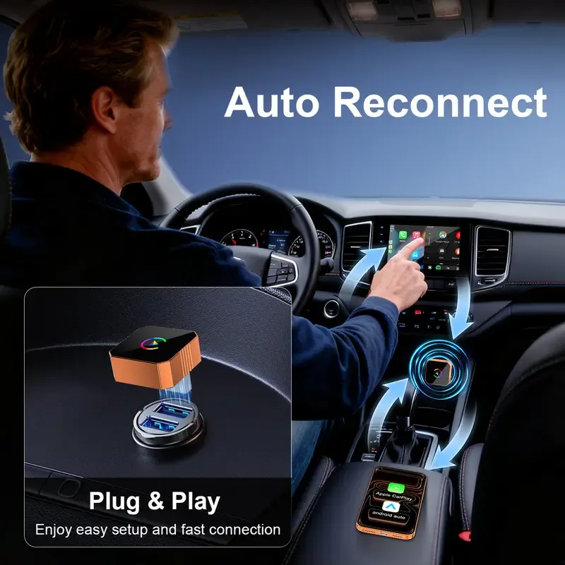 New CarPlay Orange CarPlay2026 wireless adapter, compatible with iPhone,Android, features fast connection, zero latency, high-quality acrylic construction, hands-free calling, electronic charger, and a compact orange design.