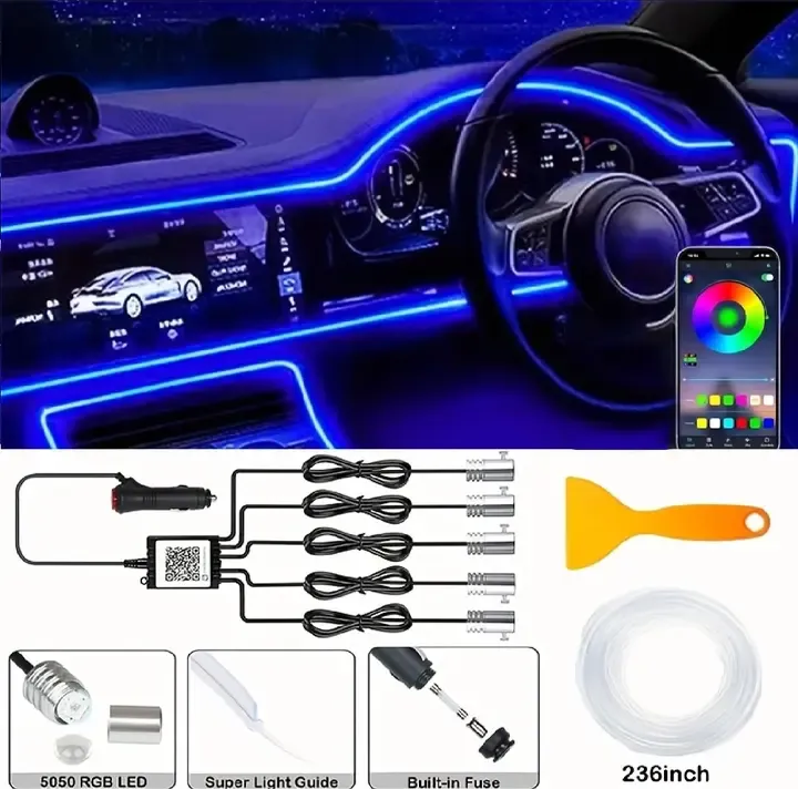 276 Inch 64-Color Synchronized Music RGB Car Neon Lights - 5-in-1 LED Light Strips with APP Control Environment Lighting Kit - Fiber Optic In Car Neon Lights Set dynamic ambient light