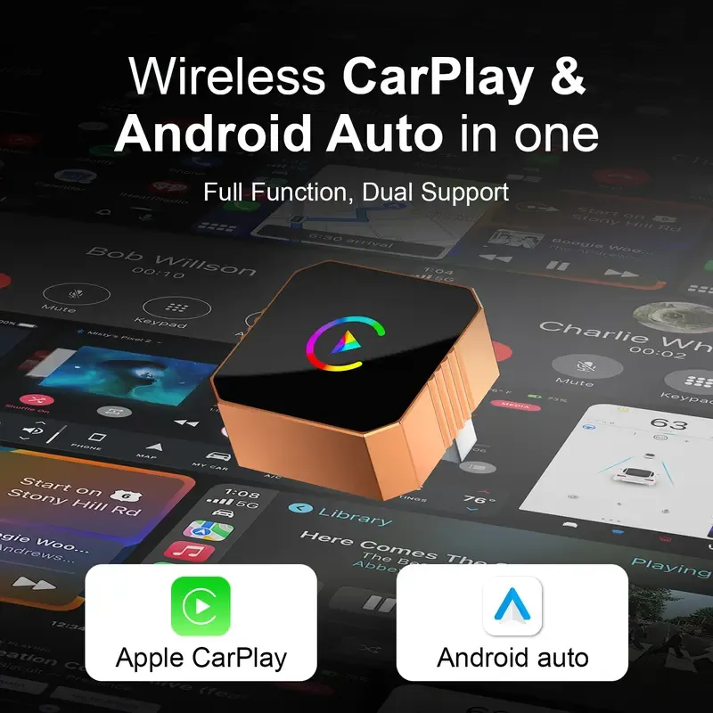 New CarPlay Orange CarPlay2026 wireless adapter, compatible with iPhone,Android, features fast connection, zero latency, high-quality acrylic construction, hands-free calling, electronic charger, and a compact orange design.