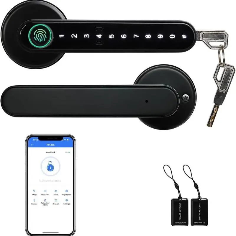 TT LOCK Smart Fingerprint Door Lock, Unlocking methods: 9 methods including temporary password, fingerprint, password, NFC, APP, and key.Keyless Entry Lock with Keyboard Handle,Digital Electric Biometric Smart Door Lock for Bedroom Use