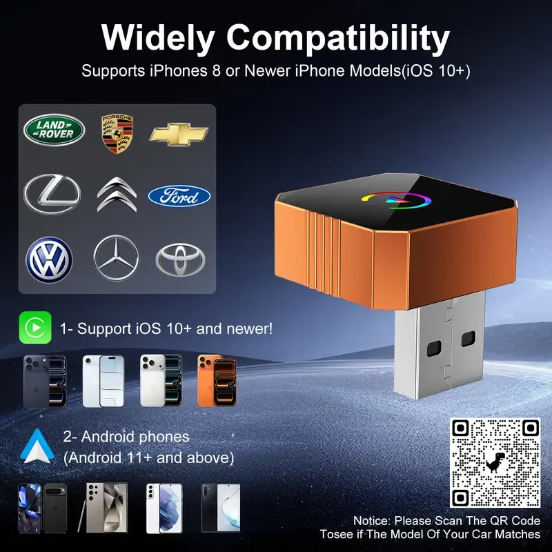 New CarPlay Orange CarPlay2026 wireless adapter, compatible with iPhone,Android, features fast connection, zero latency, high-quality acrylic construction, hands-free calling, electronic charger, and a compact orange design.