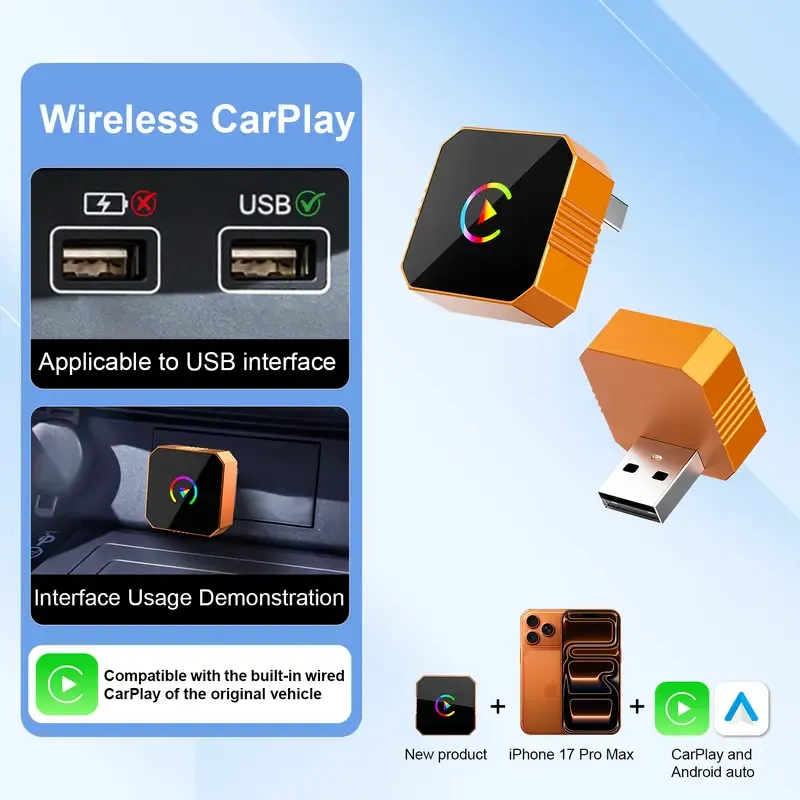 New CarPlay Orange CarPlay2026 wireless adapter, compatible with iPhone,Android, features fast connection, zero latency, high-quality acrylic construction, hands-free calling, electronic charger, and a compact orange design.