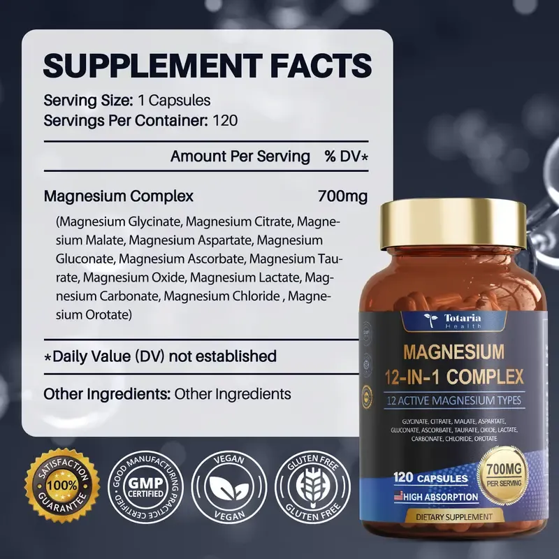 man's gas station 12 in 1 Magnesium Complex 700mg  Supplement with Glycinate Citrate Malate Oxide Taurate Aspartate Orotate, Vegan Capsules for Muscle, Heart,