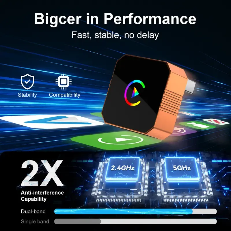 New CarPlay Orange CarPlay2026 wireless adapter, compatible with iPhone,Android, features fast connection, zero latency, high-quality acrylic construction, hands-free calling, electronic charger, and a compact orange design.