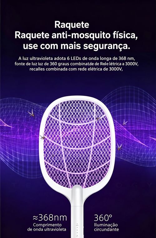 Mata-moscas elétrico recarregável - Eliminador eletrónico de mosquitos com bateria de 1200mAh, carregamento USB-C, luz roxa, rede de segurança tripla, ideal para uso no interior e no exterior.