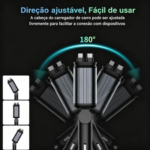Carregador automóvel retrátil super rápido 4-em-1, com cabos retráteis anti-emaranhados, duas portas de carregamento, projeção de luz de estrelas no teto do carro, adaptador de carregamento rápido com LED de estrelas — sem aromaterapia, luz LED veicular.