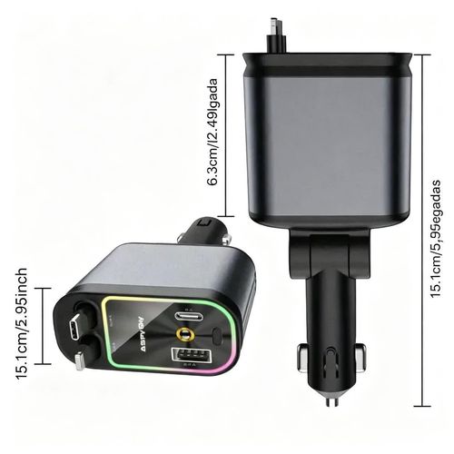 Carregador automóvel retrátil super rápido 4-em-1, com cabos retráteis anti-emaranhados, duas portas de carregamento, projeção de luz de estrelas no teto do carro, adaptador de carregamento rápido com LED de estrelas — sem aromaterapia, luz LED veicular.
