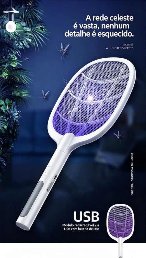 Mata-moscas elétrico recarregável - Eliminador eletrónico de mosquitos com bateria de 1200mAh, carregamento USB-C, luz roxa, rede de segurança tripla, ideal para uso no interior e no exterior.