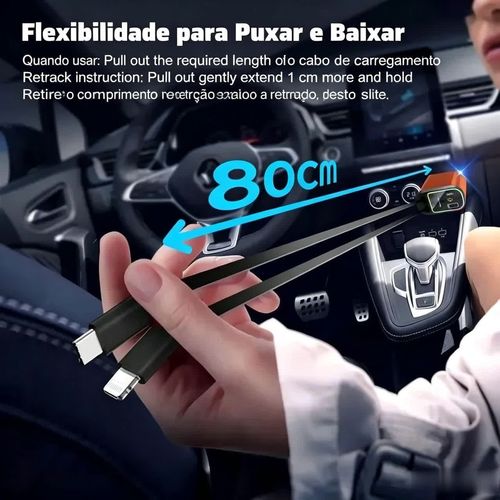 Carregador automóvel retrátil super rápido 4-em-1, com cabos retráteis anti-emaranhados, duas portas de carregamento, projeção de luz de estrelas no teto do carro, adaptador de carregamento rápido com LED de estrelas — sem aromaterapia, luz LED veicular.