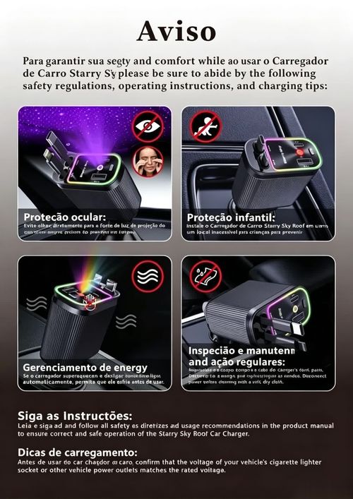 Carregador automóvel retrátil super rápido 4-em-1, com cabos retráteis anti-emaranhados, duas portas de carregamento, projeção de luz de estrelas no teto do carro, adaptador de carregamento rápido com LED de estrelas — sem aromaterapia, luz LED veicular.