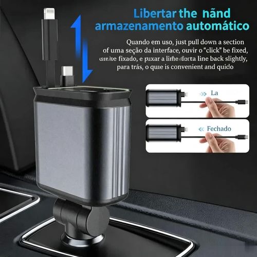Carregador automóvel retrátil super rápido 4-em-1, com cabos retráteis anti-emaranhados, duas portas de carregamento, projeção de luz de estrelas no teto do carro, adaptador de carregamento rápido com LED de estrelas — sem aromaterapia, luz LED veicular.
