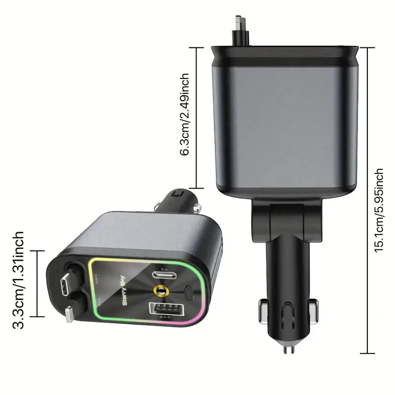 4-in-1 Car Roof Super Fast Retractable Car chargers Charger with Anti-Tangle Retractable Cables   Dual Charge Port  Starlight In Roof Fast Charging Adapter -Automotive car charger charger starlight led charger No aromatherapy Vehicle Led