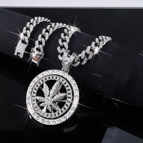 Fashion Hip Hop Crystal Shining Rotating Maple Leaf Pendant Necklace