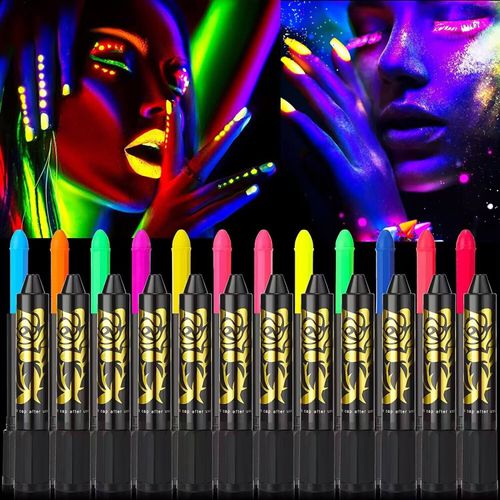 12PCS Fluorescent Paint Glow In The Dark Crayon Body Paint Washable Diy Face Painting Crayons Party Halloween Event Makeup Props