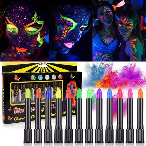 12PCS Fluorescent Paint Glow In The Dark Crayon Body Paint Washable Diy Face Painting Crayons Party Halloween Event Makeup Props
