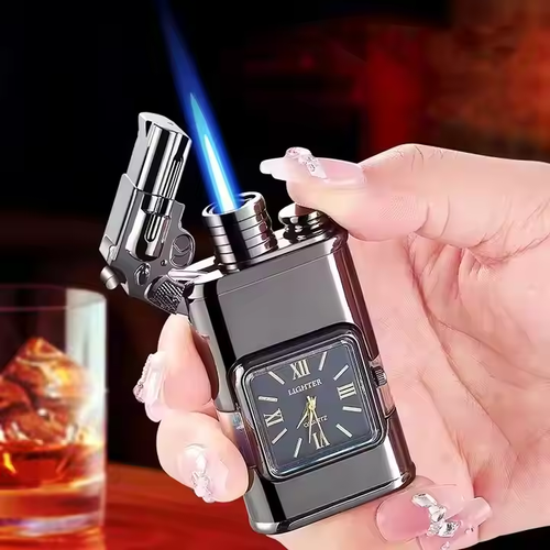 Creativity Pistol Gun Model Butane Lighter Dual Flame Refillable Lighter With Watch