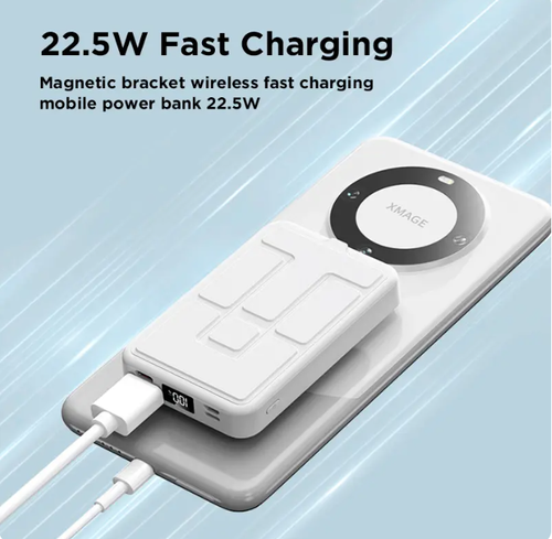 10000mAh Magnetic Portable Charger with Foldable Stand, Compact Silicone Fast Wireless Charging Power Bank for Mobile Devices, USB-C & USB-A Cables, LED Display Compatible with Multifunctional High Powera