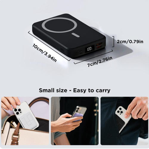 10000mAh Magnetic Portable Charger with Foldable Stand, Compact Silicone Fast Wireless Charging Power Bank for Mobile Devices, USB-C & USB-A Cables, LED Display Compatible with Multifunctional High Powera