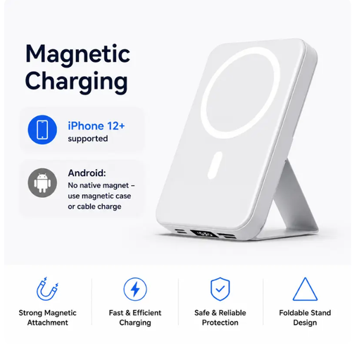10000mAh Magnetic Portable Charger with Foldable Stand, Compact Silicone Fast Wireless Charging Power Bank for Mobile Devices, USB-C & USB-A Cables, LED Display Compatible with Multifunctional High Powera