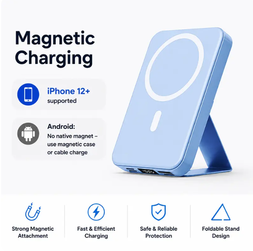 10000mAh Magnetic Portable Charger with Foldable Stand, Compact Silicone Fast Wireless Charging Power Bank for Mobile Devices, USB-C & USB-A Cables, LED Display Compatible with Multifunctional High Powera
