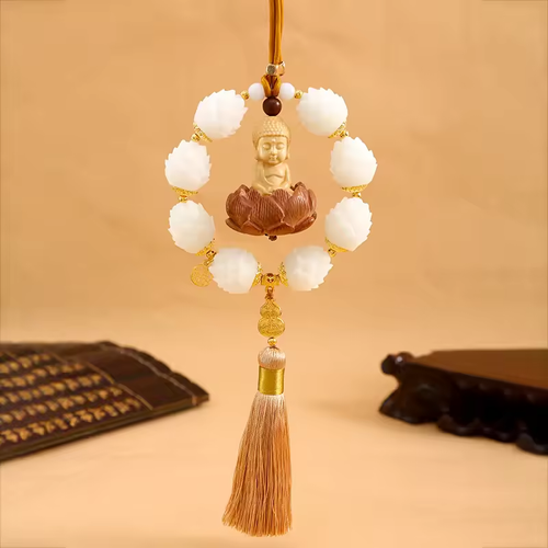 Car Hanging Car Single or Double Ring Ornaments Car Rearview Pendant Good Luck Boxwood Small Buddha Pendant Bodhi Lotus Tassel