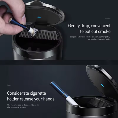 LED Aluminum Flame-retardant Smokeless Ashtray with Silent Push-open Lid for Car Home Camping