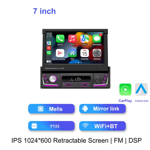 7 Retractable Display Car Radio with Wireless CarPlay Android Auto HD Video